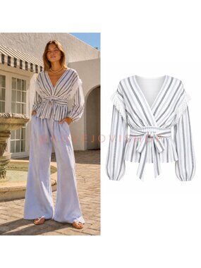 Coastal | Saylor Fringe Linen Striped Wrap Blouse | Summer Jill Top | Statement